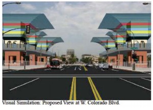 Proposed: Six 50-ft tunnel exhaust stacks at the entrance to Old Town Pasadena